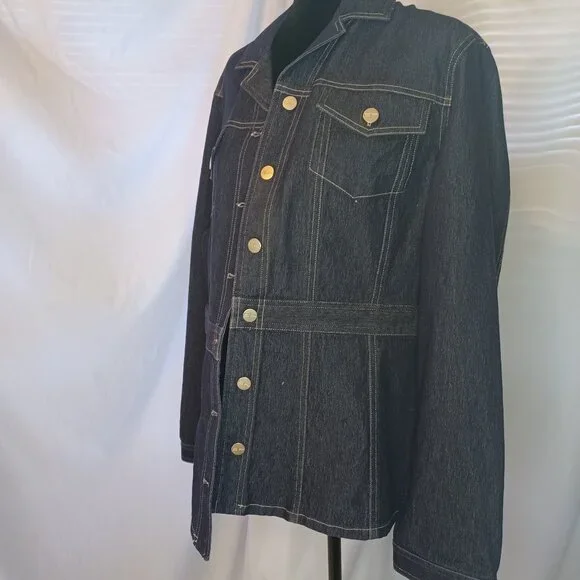 Evan Picone Dark Wash Stretch Denim Belted Jacket - Picture 3 of 8